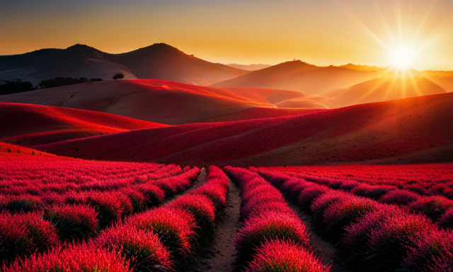 An image showcasing a vibrant sunset over a picturesque landscape of rolling hills covered in rows of lush, crimson Rooibos plants, radiating a natural sweetness that captivates the senses