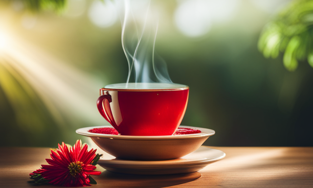An image showcasing a serene scene with a steaming cup of vibrant red Rooibos tea nestled in a cozy mug, surrounded by lush green leaves and delicate rooibos plant flowers