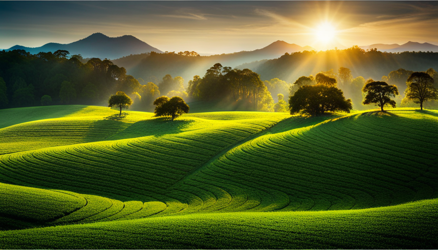 An image showcasing the vibrant beauty of Alabama's state flower, the Camellia sinensis, against a backdrop of rolling green tea plantations