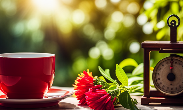 An image featuring a serene, sun-drenched garden with a vibrant red rooibos tea cup placed on a wooden table next to a scale, surrounded by fresh herbs and fruits