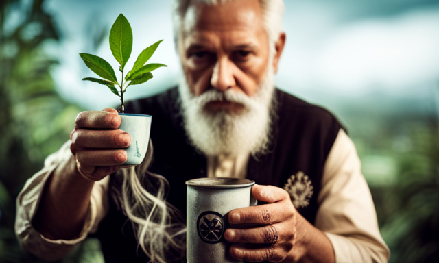 An image of a person holding a steaming cup of yerba mate with a crossed-out symbol superimposed on it, surrounded by wilted plants, emphasizing the negative effects and discouraging the consumption of yerba mate