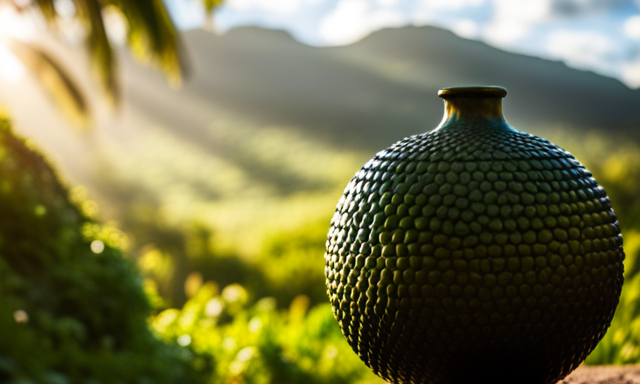 An image showcasing a vibrant, gourd-shaped yerba mate cup, filled to the brim with rich, emerald green yerba mate tea