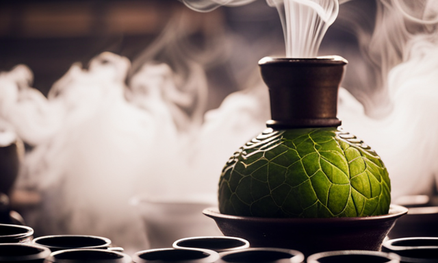 An image showcasing a traditional gourd filled with vibrant green yerba mate leaves, surrounded by a sequence of empty cups being refilled with steaming hot water, depicting the evolving ritual of mate sharing
