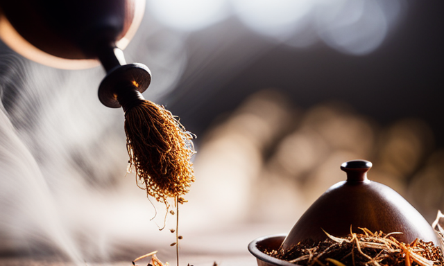 An image capturing the art of preparing Yerba Mate: A hand delicately arranging a bed of dried leaves in a traditional gourd, gently pouring steaming water over it, as wisps of steam rise in the air