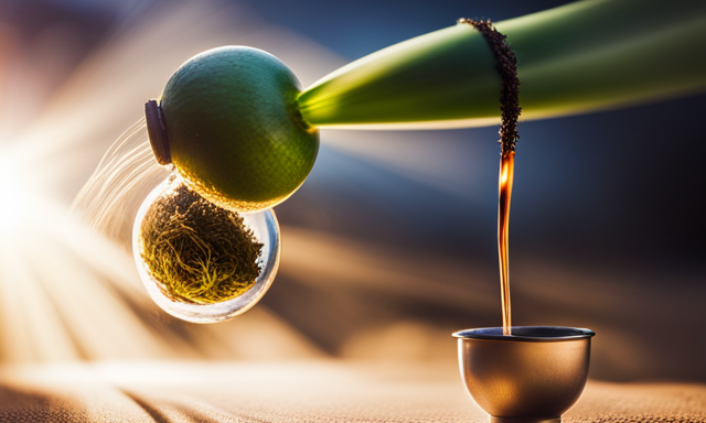 An image capturing the intricate process of brewing Yerba Mate tea: a gourd filled with loose leaves, a bombilla straw immersed in hot water, delicate wisps of steam swirling above, and vibrant green hues infusing the entire scene