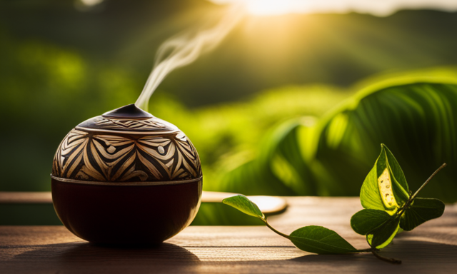 An image of a vibrant, sunlit field with a traditional gourd and bombilla immersed in a steaming cup of yerba mate