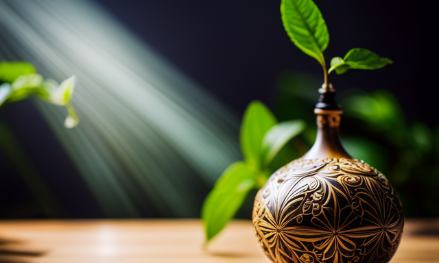 the essence of Yerba Mate in an image: a gourd adorned with intricate carvings, filled with vibrant green leaves, while wisps of steam delicately spiral upwards, revealing the drink's invigorating aroma