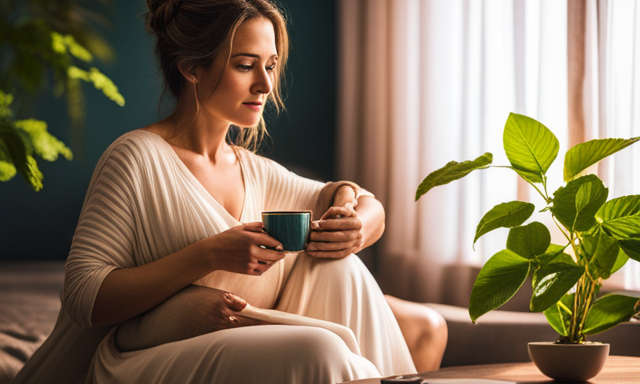 An image showcasing a serene, sunlit room with a glowing, expectant mother cradling her baby bump, surrounded by vibrant green Yerba Mate leaves and a steaming cup of the herbal tea