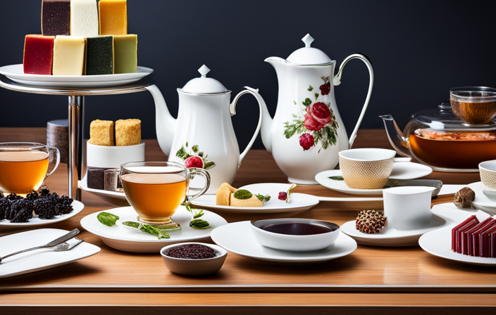 An image showcasing 10 expert-selected tea pairings, featuring an elegant tea set with a variety of teas and accompanying delectable pairings such as a cheese board, chocolate truffles, a bowl of soup, a quiche, and more
