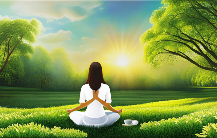 An image showcasing a serene scene: a person sitting cross-legged on a lush green meadow, surrounded by blooming tea plants