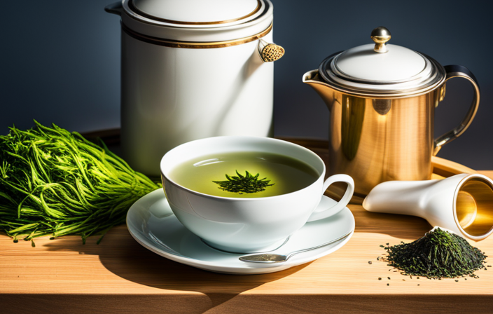 An image of a serene, sunlit garden, where a dainty porcelain teacup filled with vibrant, steaming green tea is placed on a wooden tray