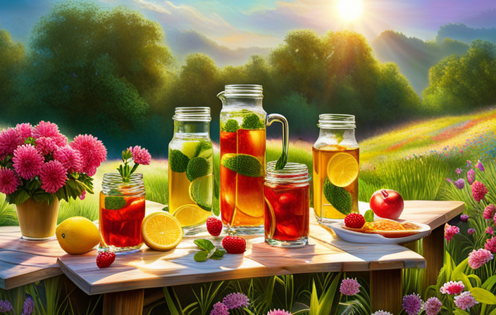 An image showcasing a vibrant picnic scene: a rustic wooden table adorned with 10 tall glasses of iced tea, each brimming with colorful fruits, herbs, and ice cubes, surrounded by sun-drenched grass and blooming flowers
