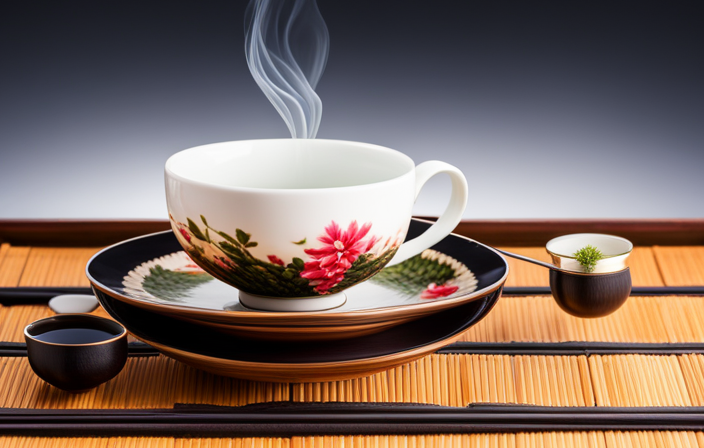 An image capturing the serene ambiance of a traditional tea ceremony, highlighting the delicate grace of a tea master pouring hot water into a meticulously crafted teacup, surrounded by vibrant green tea leaves and ornate Japanese teaware