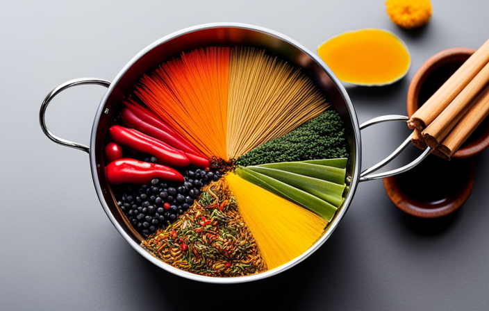 An image showcasing a vibrant tea-infused broth simmering in a pot, with delicate tea leaves, aromatic spices, and an assortment of colorful vegetables, highlighting 6 innovative ways to incorporate tea into cooking