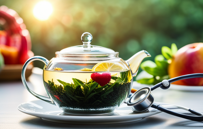 An image showcasing a serene, sunlit tea garden with vibrant green tea leaves, a crystal-clear teapot pouring steaming tea into a delicate cup, surrounded by colorful fruits, a heart-healthy oatmeal bowl, a yoga mat, and a stethoscope
