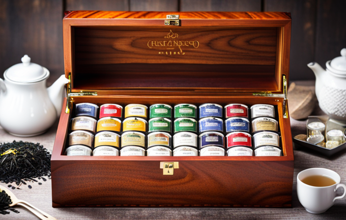 An image showcasing a neatly arranged wooden tea chest with labeled compartments, filled with various loose leaf teas