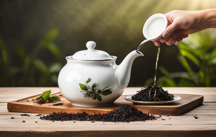An image capturing the intricate process of brewing tea: a steaming teapot on a rustic wooden table, adorned with delicate tea leaves, while a hand gracefully pours hot water into a dainty porcelain cup