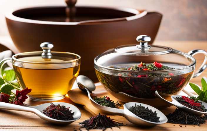 An image showcasing a serene wooden table adorned with an array of aromatic loose tea leaves, vibrant botanicals, delicate measuring spoons, a mortar and pestle, and an elegant tea infuser