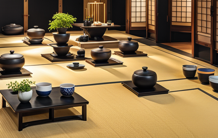 An image capturing the serene ambiance of a traditional Japanese tea ceremony: a meticulously arranged tatami room adorned with delicate floral arrangements, a graceful hostess pouring tea into exquisite porcelain cups, and guests engaged in mindful contemplation
