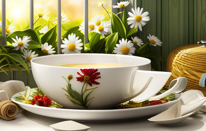 An image showcasing a serene bathroom setting: a delicate porcelain teacup filled with warm chamomile tea sits beside an assortment of herbal tea bags