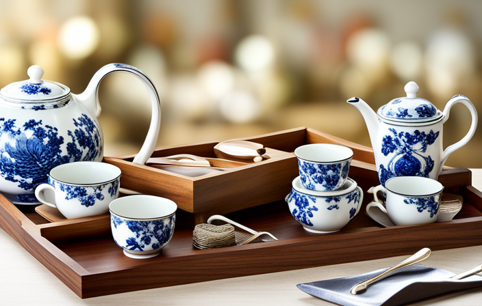 An image showcasing a beautifully arranged wooden tea tray adorned with a delicate porcelain teapot, an assortment of loose tea leaves, an elegant tea strainer, a set of dainty tea cups, a timer, a tea scoop, a tea thermometer, and a vintage tea cozy