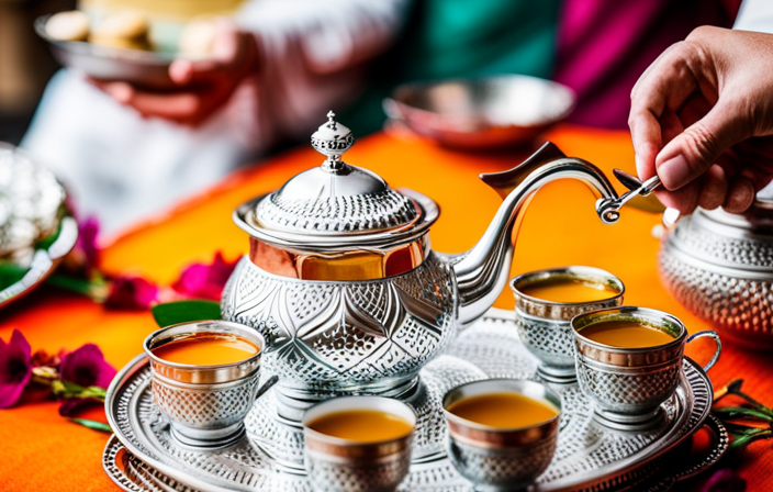 An image showcasing a Moroccan tea ceremony: vibrant colors of a traditional tea set with intricate silver teapot pouring fragrant mint tea into small glasses, while guests gather around a decorative tray