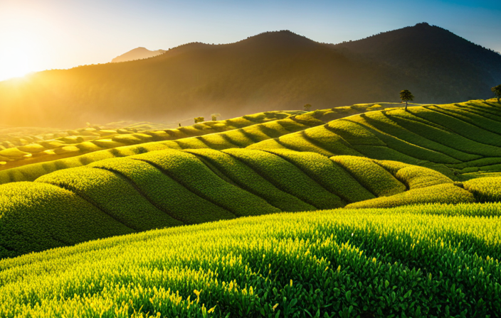 an image of a serene Japanese tea plantation at sunrise, showcasing rows of meticulously pruned tea bushes