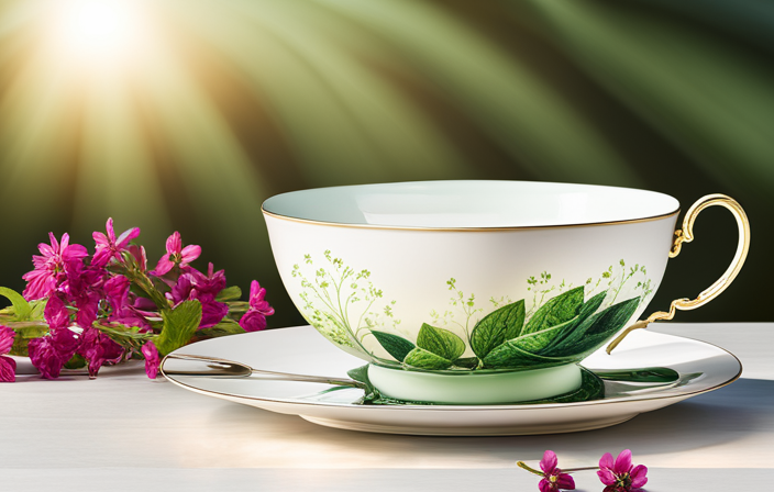 An image featuring a delicately patterned teacup, filled with vibrant green tea leaves swirling in a steaming cup, adorned with a handcrafted wooden teaspoon and a sprig of fresh mint