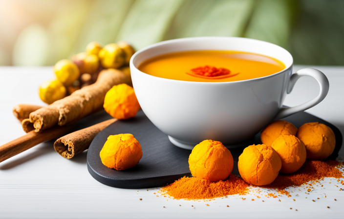 An image showcasing a vibrant cup of homemade turmeric tea, radiating a golden glow