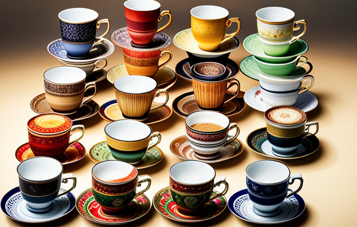 An image showcasing a diverse collection of eight teacups, each filled with a different type of tea