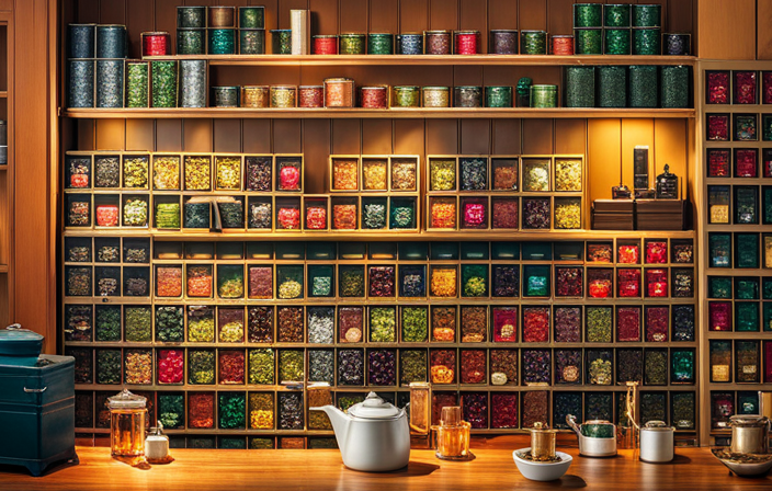 An image showcasing an assortment of tea leaves stored in airtight containers, with vibrant colors and distinct aromas