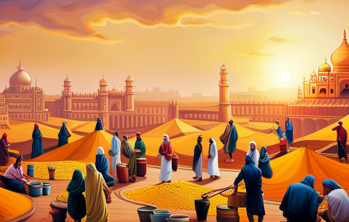 An image of a vibrant marketplace bustling with people from diverse cultures, showcasing intricately designed teapots, aromatic spices, and vibrant yellow hues, capturing the essence of global turmeric tea trails in the top 10 countries