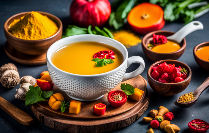 An image showcasing a vibrant, steaming cup of golden turmeric tea, surrounded by an assortment of colorful fruits, vegetables, and herbs