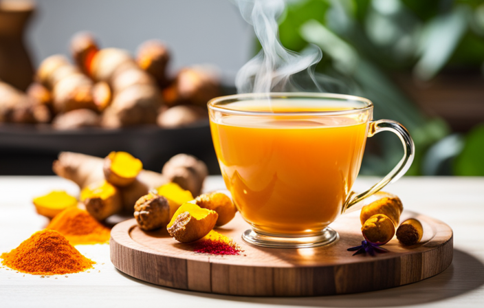 An image showcasing a vibrant cup of turmeric tea, steaming gently with a rich golden hue