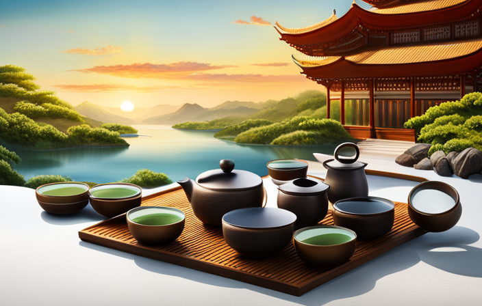 An image depicting a serene tea ceremony with a traditional Chinese gongfu tea set