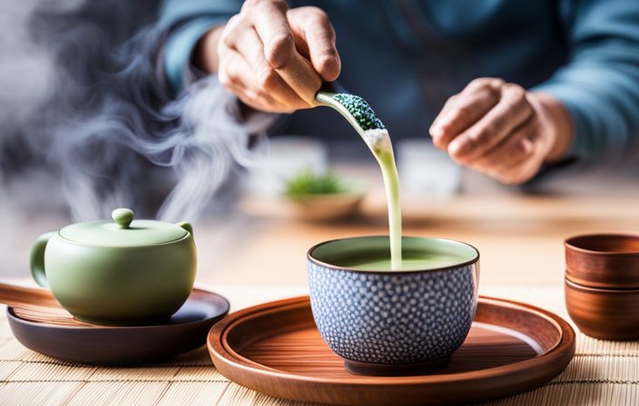 An image of a serene Japanese tea ceremony, showcasing a traditional clay teapot gracefully pouring vibrant green tea into a delicate, hand-painted porcelain cup
