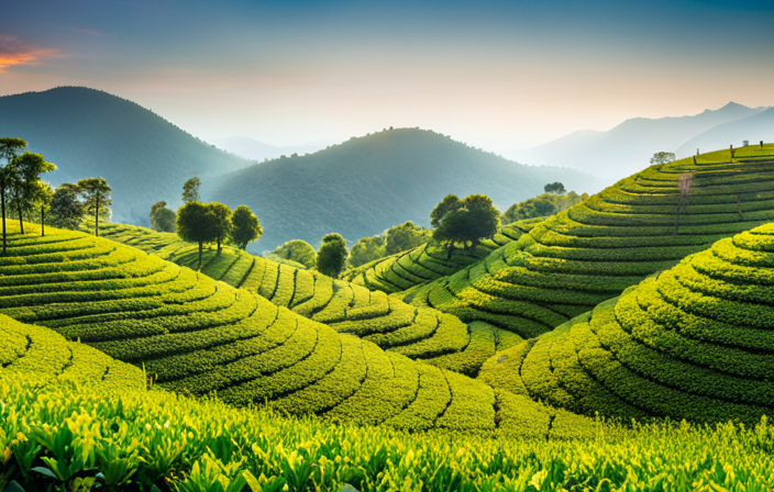 An image of a lush, ancient tea garden with towering emerald-green tea bushes, where a tea plucker, dressed in traditional attire, delicately selects tea leaves, symbolizing the origins and evolution of tea culture throughout history
