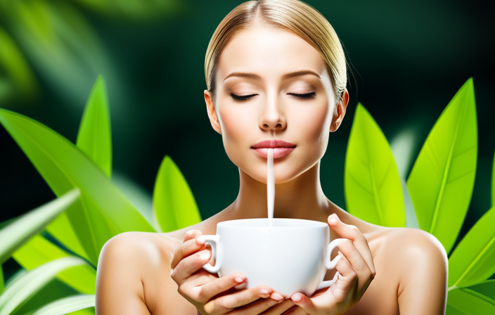 An image showcasing a serene spa setting, with a woman delicately holding a cup of green tea, her radiant skin reflecting the natural glow