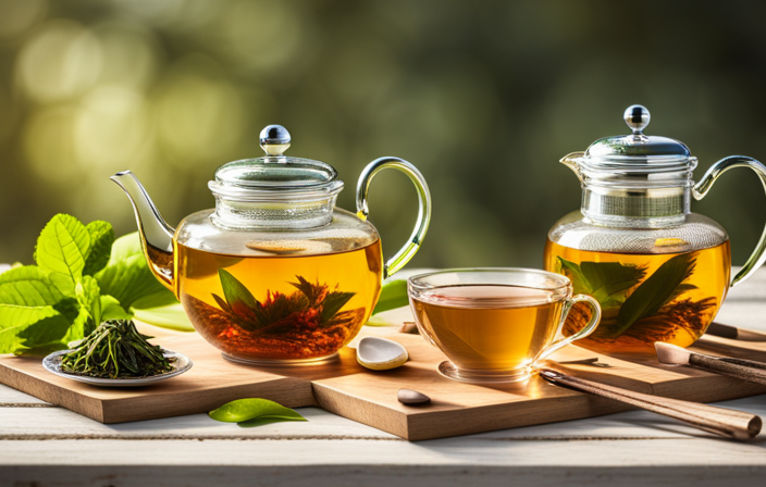 An image showcasing a serene, sunlit garden with lush green tea leaves, gently steeping in a traditional teapot