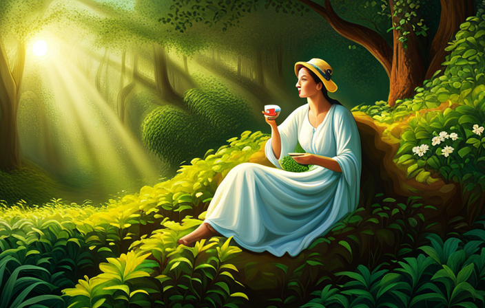An image depicting a serene scene of a person enjoying a cup of tea, surrounded by lush greenery