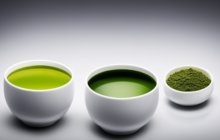 An image showcasing two cups side by side, one filled with vibrant green matcha and the other with regular green tea