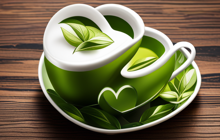 An image showcasing a vibrant cup of freshly brewed green tea, surrounded by heart-shaped tea leaves