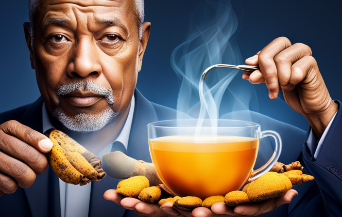An image of a person holding a steaming cup of vibrant golden turmeric tea, patiently waiting as time passes