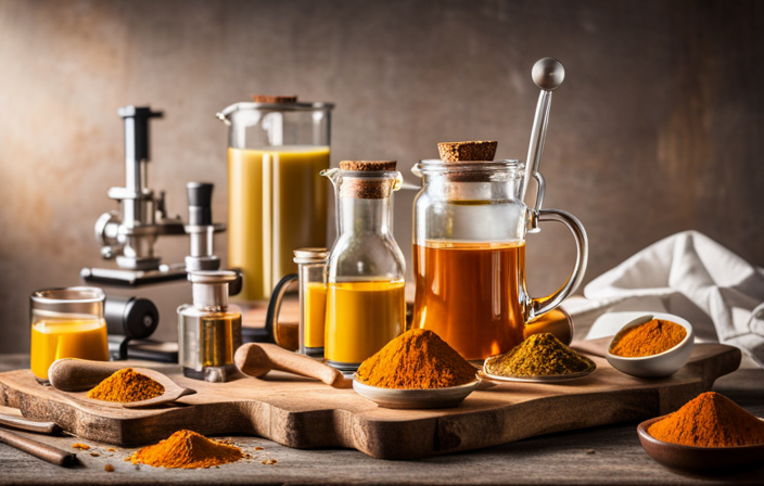 An image that showcases a stack of scientific research papers on turmeric tea, surrounded by test tubes, beakers, and microscopes