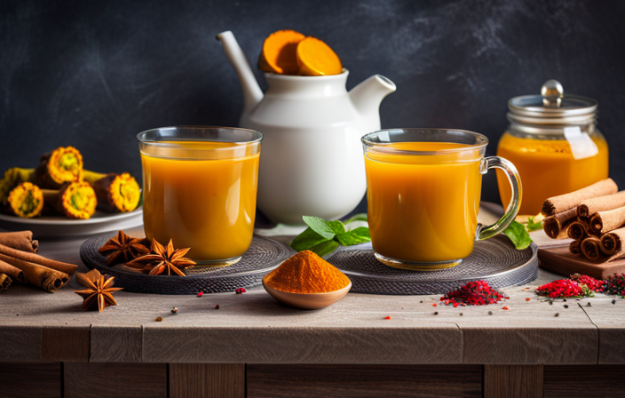 An image showcasing a vibrant cup of turmeric tea surrounded by an assortment of ingredients like fresh ginger, cinnamon sticks, lemon slices, and honey, inviting readers to explore the art of flavor infusion
