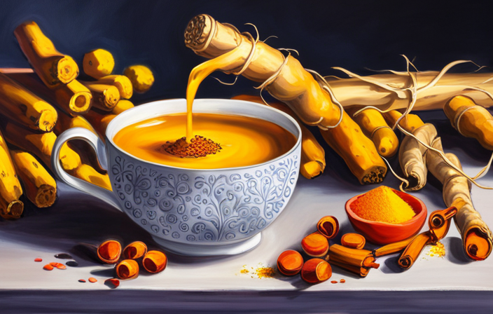 An image capturing the vibrant burst of yellow as a hand pours steaming golden turmeric tea into a delicate ceramic cup, with a backdrop of fresh turmeric root, cinnamon sticks, and a hint of ginger