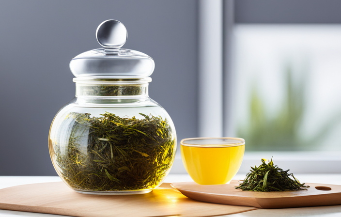 An image showcasing a pristine, glass jar filled with vibrant, emerald-hued loose green tea leaves