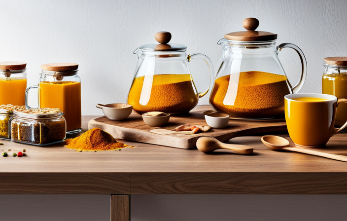 An image depicting a serene kitchen countertop with a glass jar filled with vibrant golden turmeric tea bags neatly arranged
