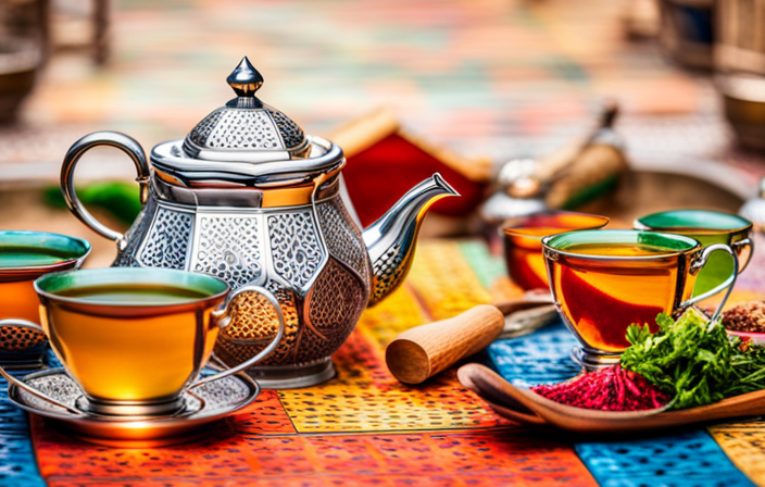 An image showcasing the traditional Moroccan tea ceremony: a vibrant silver teapot pouring steaming, aromatic green tea into delicate glass cups, surrounded by colorful Moroccan tiles and intricate metal teaware