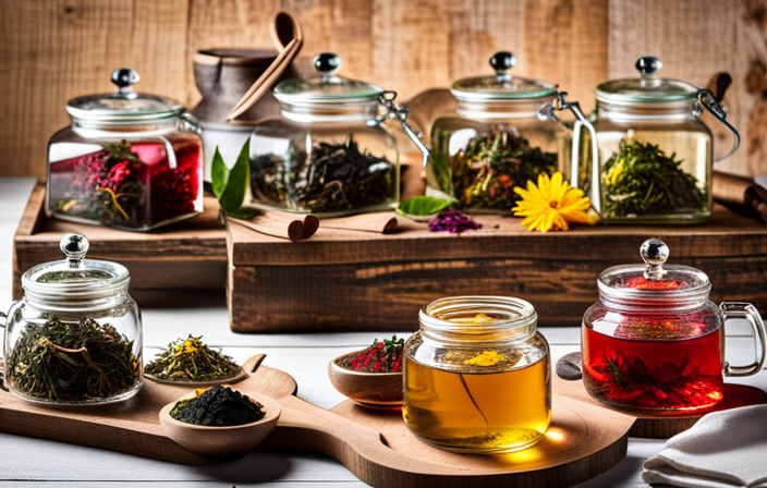 An image showcasing a vibrant assortment of loose-leaf teas carefully arranged in elegant glass jars, accompanied by delicate tea infusers and a rustic wooden tea tray, symbolizing the diverse and flourishing world of online tea retailers